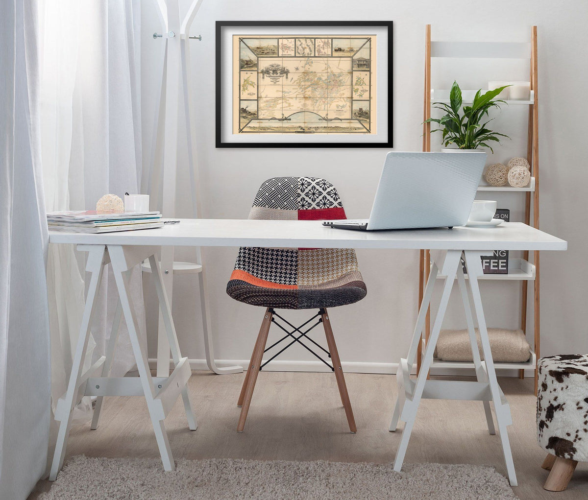 Tombstone Mining District 1881 Map print framed above a white desk in a home office