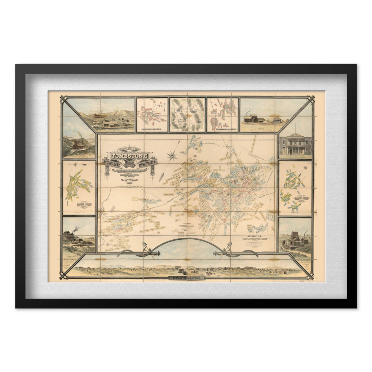 Tombstone Mining District 1881 Map print in a black frame with a white mat