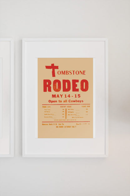 Tombstone Rodeo Open to All Cowboys poster on a light wall
