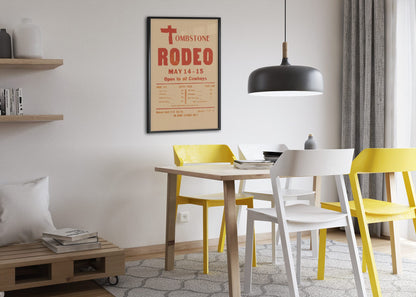 Tombstone Rodeo Open to All Cowboys poster framed above a dining table