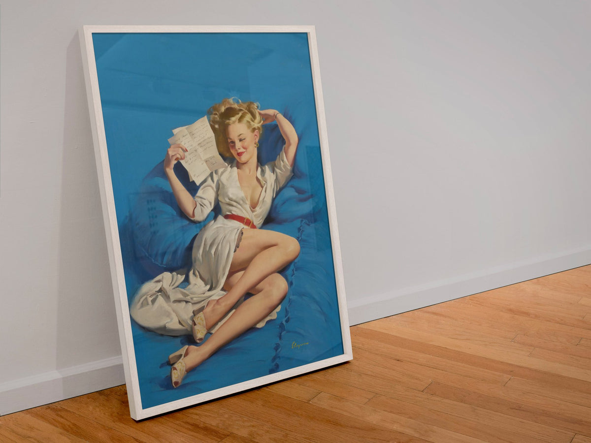 Too Good to Be True by Gil Elvgren, pin-up poster — leaning frame
