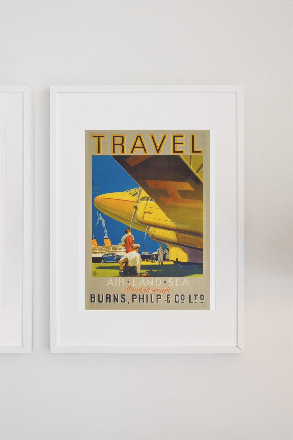 Travel Air Land Sea Burns Philp poster on a light wall