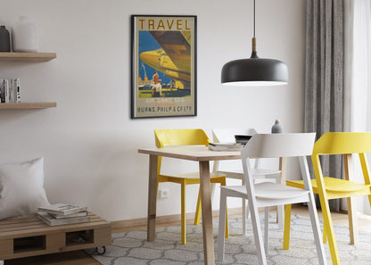 Travel Air Land Sea Burns Philp poster framed above a dining table