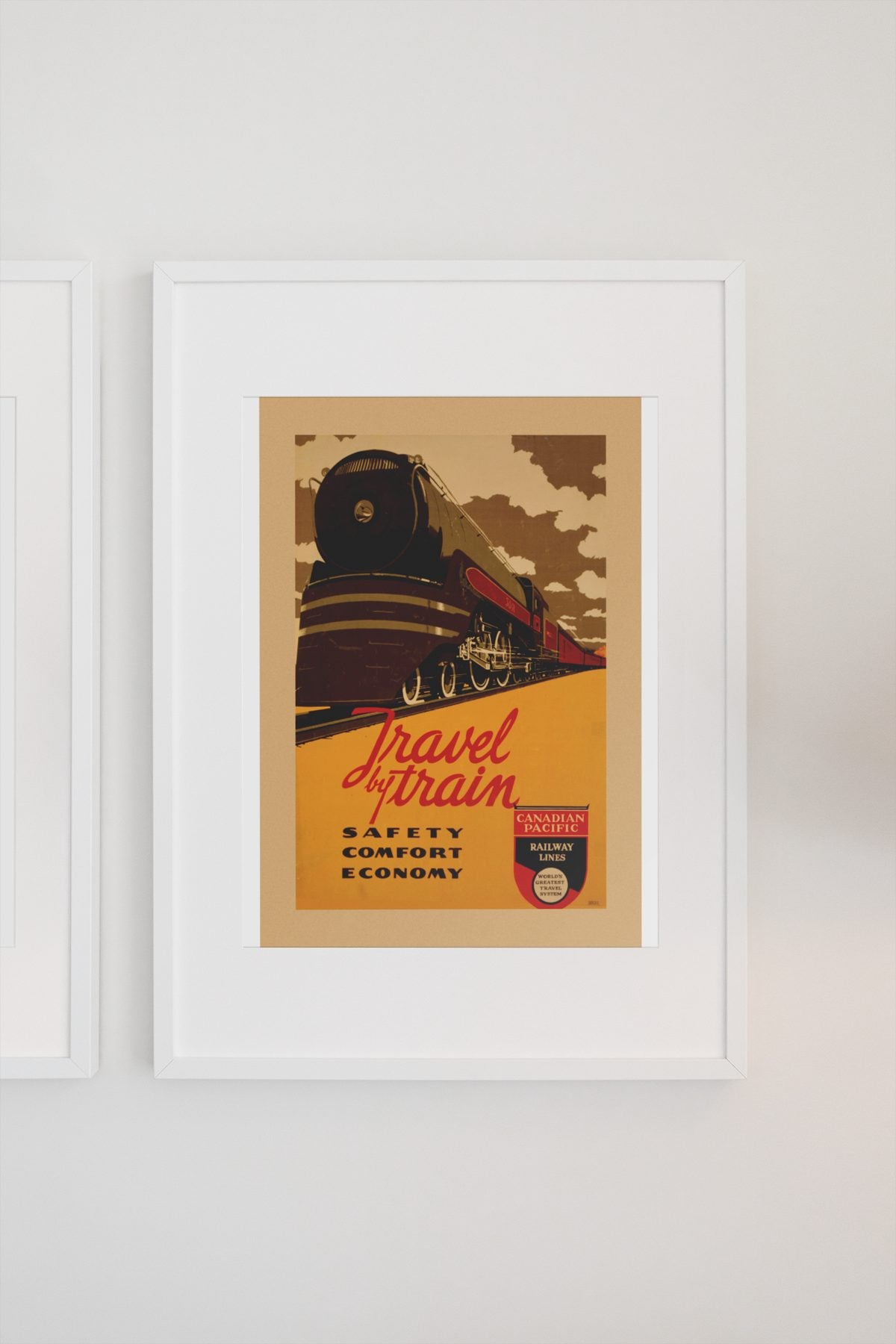Travel by Train Canadian Pacific poster on a light wall