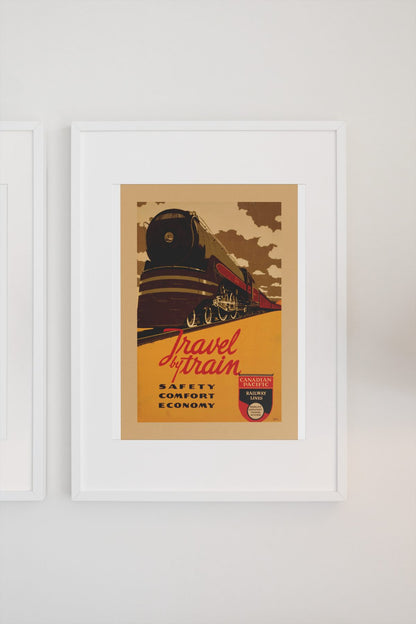 Travel by Train Canadian Pacific poster on a light wall