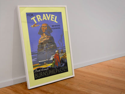 Travel to Egypt Burns Philp poster in a white frame leaning against a wall