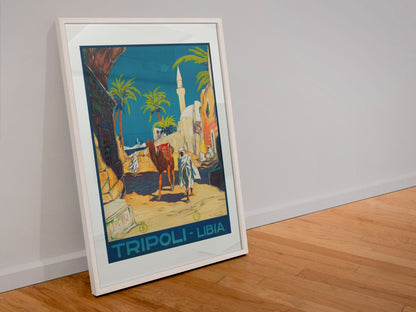 Tripoli Libia poster in a white frame leaning against a wall