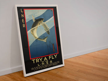 Try a Fly LNER Trout Fishing poster in a white frame leaning against a wall