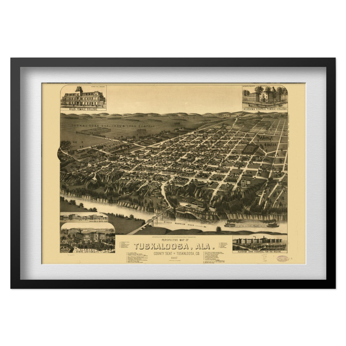 Tuscaloosa 1887 Panoramic Map print in a black frame