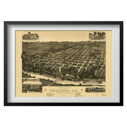 Tuscaloosa 1887 Panoramic Map print in a black frame