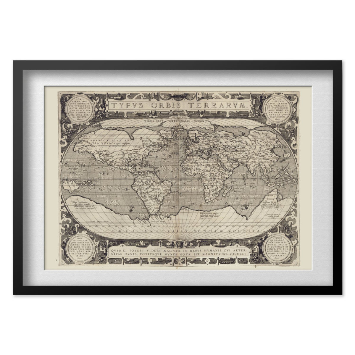 Typus Orbis Terrarum 1608 print in a black frame