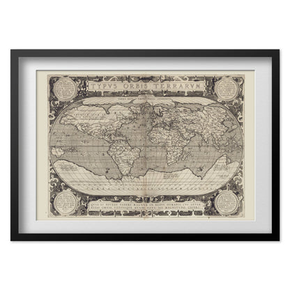 Typus Orbis Terrarum 1608 print in a black frame