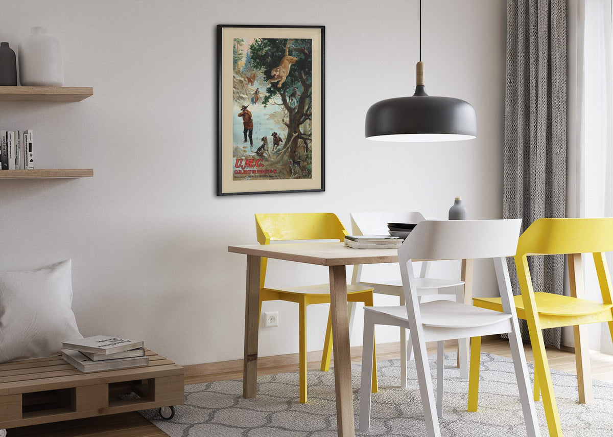 UMC Cartridges Bear Hunt poster framed above a dining table