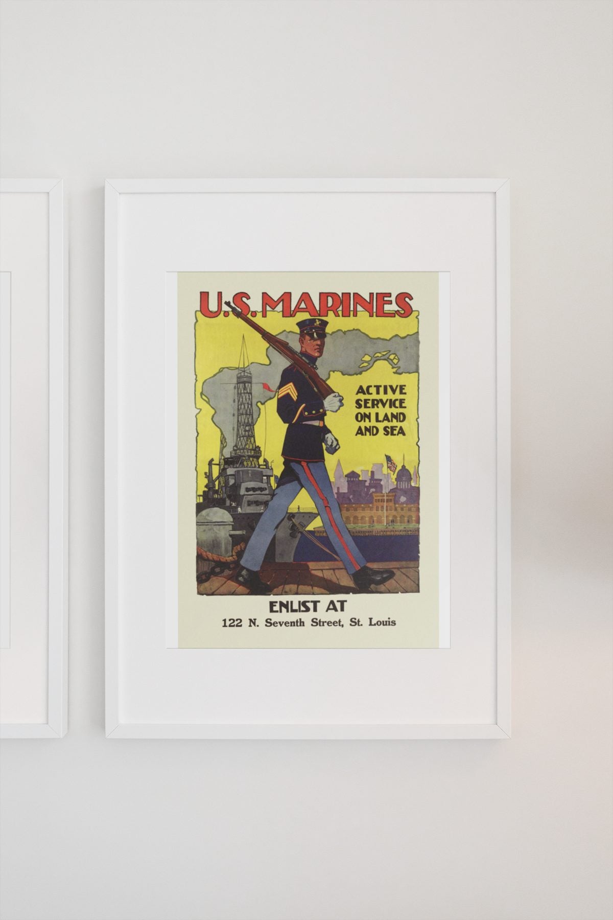 US Marines Active Service on Land and Sea poster on a light wall