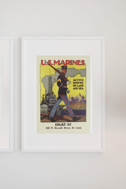 US Marines Active Service on Land and Sea poster on a light wall