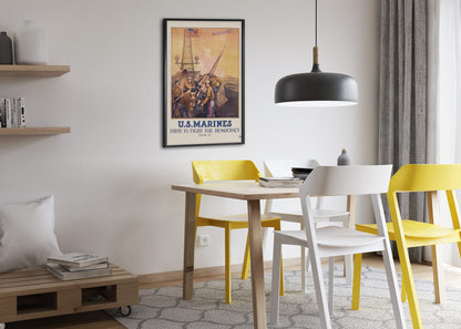 US Marines First to Fight for Democracy poster framed above a dining table