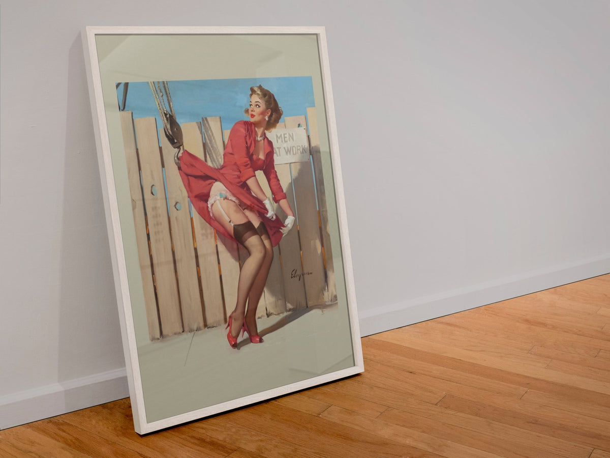 Unexpected Lift by Gil Elvgren, pin-up poster — leaning frame