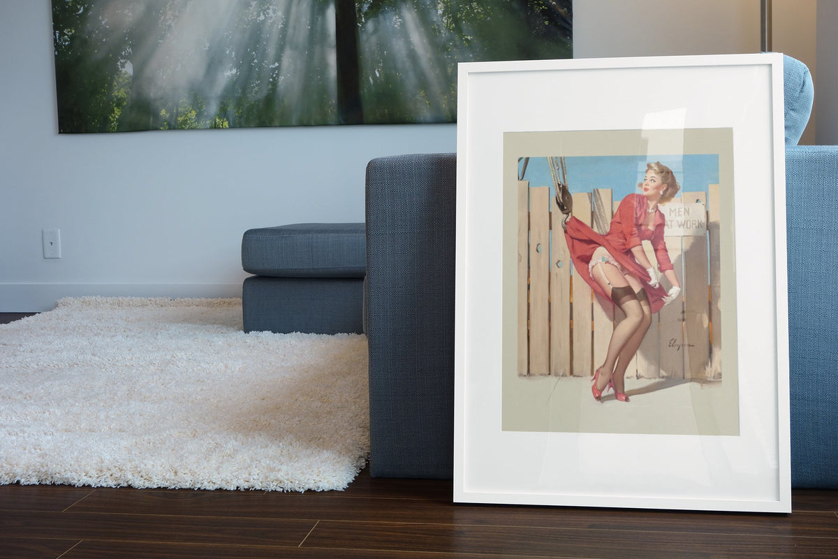 Unexpected Lift by Gil Elvgren, pin-up poster — living room wall