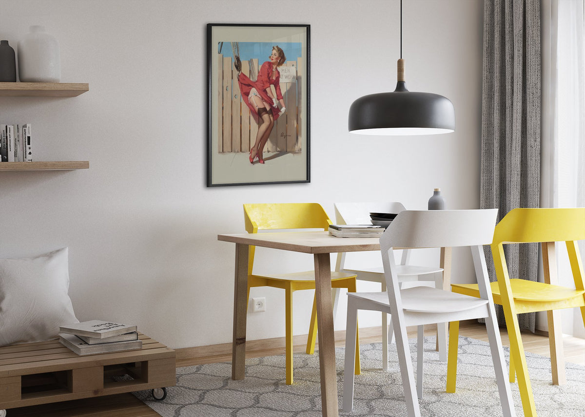 Unexpected Lift by Gil Elvgren, pin-up poster — dining room