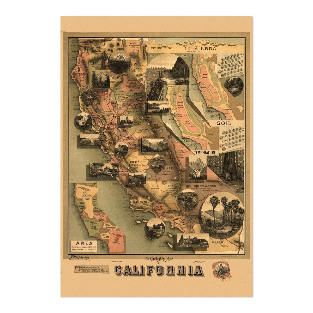 Unique Map of California 1888 vintage print