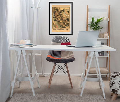 Unique Map of California 1888 print framed above a white desk in a home office