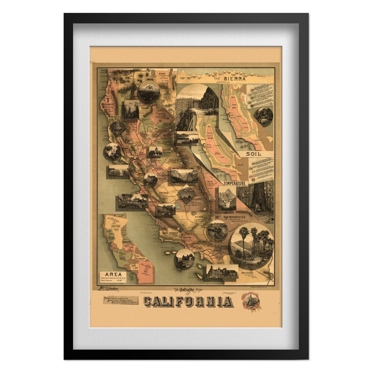 Unique Map of California 1888 print in a black frame with a white mat