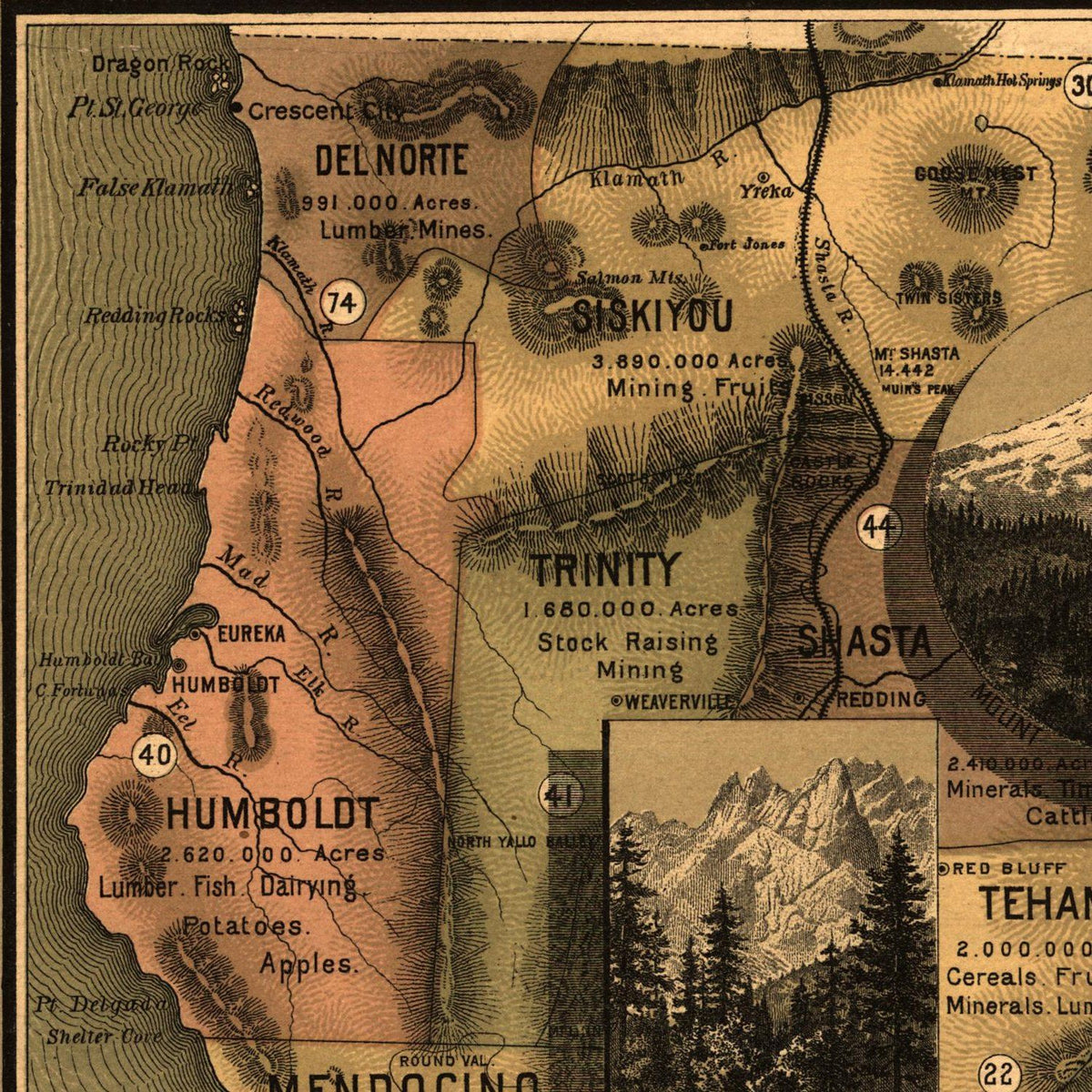 Close-up detail of the Unique Map of California 1888