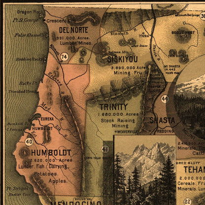 Close-up detail of the Unique Map of California 1888