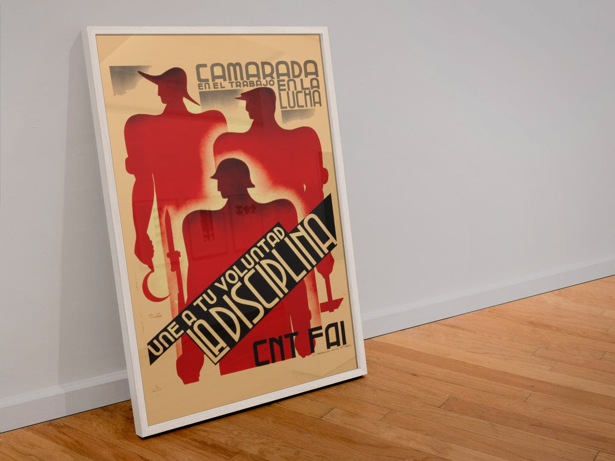 Unite Your Will With Discipline poster in a white frame leaning against a wall