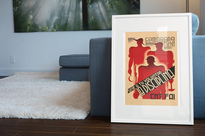 Unite Your Will With Discipline poster leaning beside a blue sofa