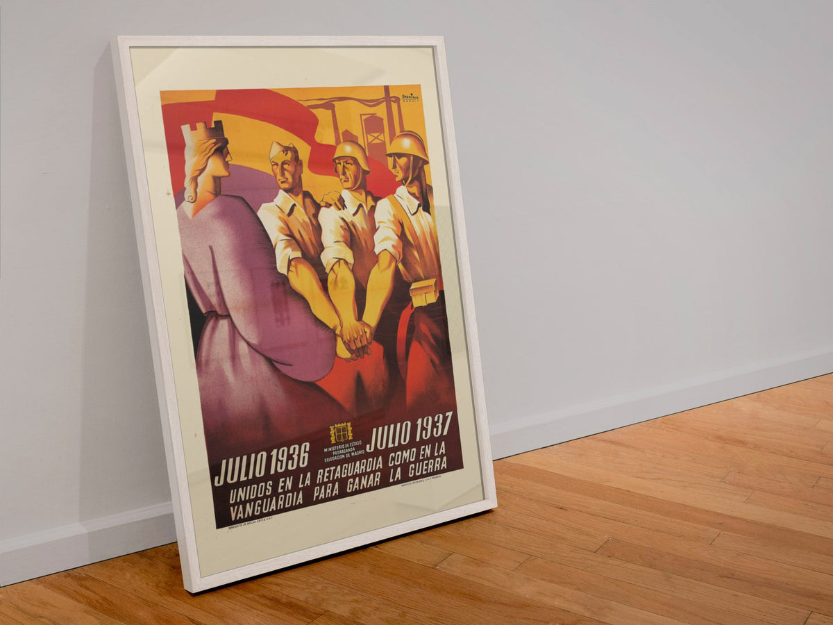 United July 1936 July 1937 poster in a white frame leaning against a wall