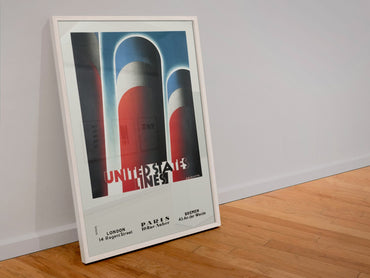 United States Lines Funnels poster in a white frame leaning against a wall