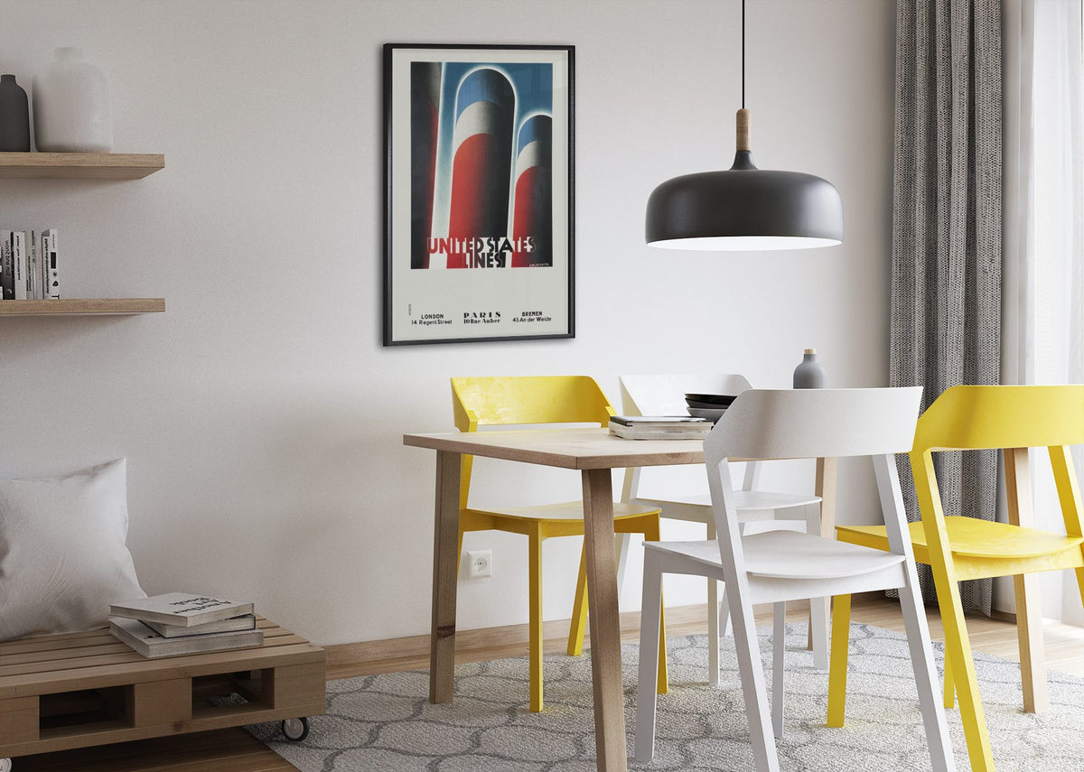 United States Lines Funnels poster framed above a dining table