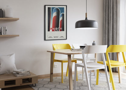 United States Lines Funnels poster framed above a dining table