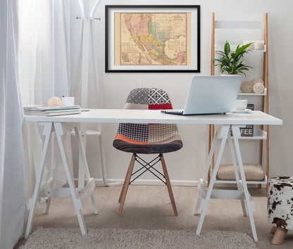 United States of Mexico 1820s Map print framed above a white desk in a home office