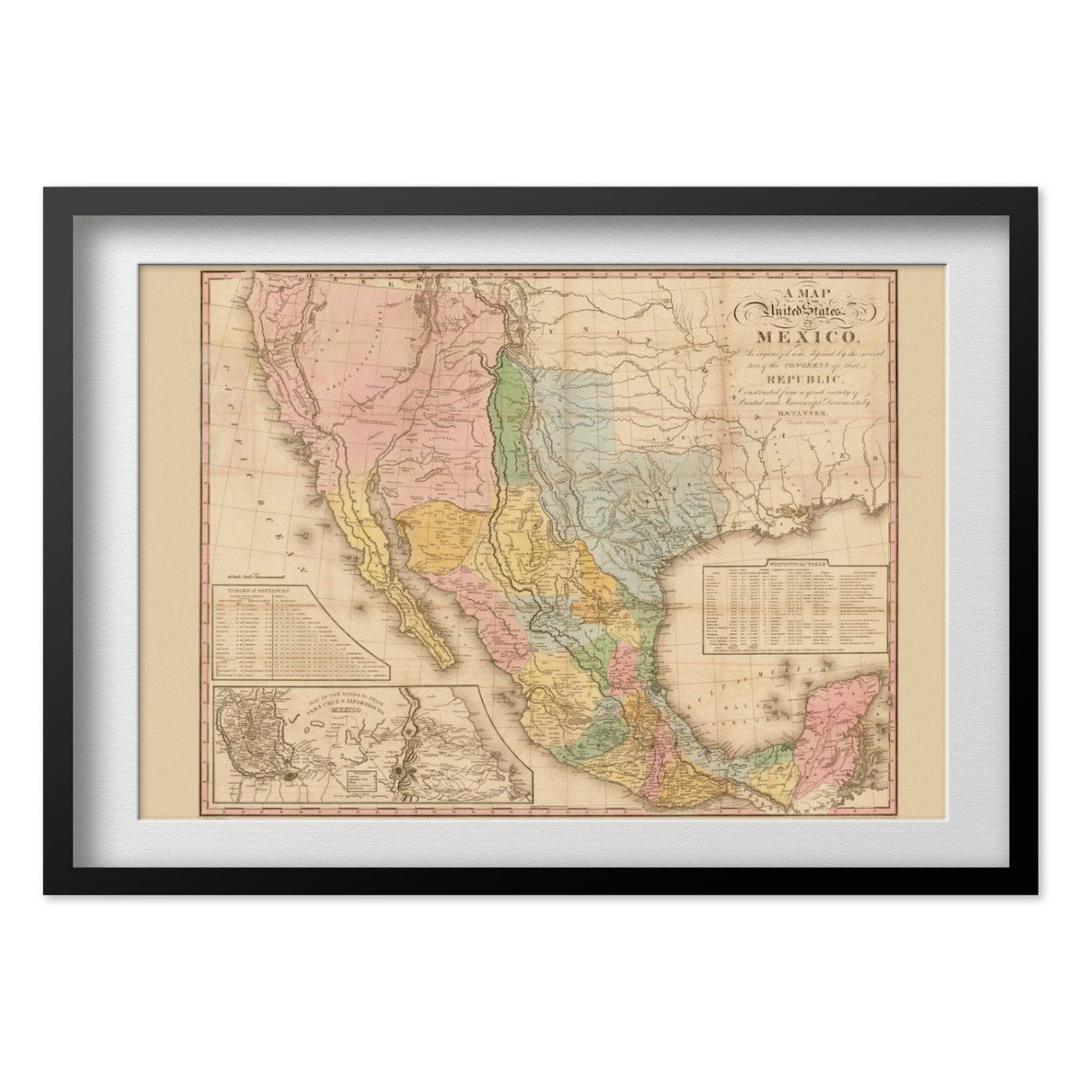 United States of Mexico 1820s Map print in a black frame with a white mat