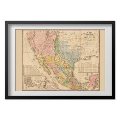 United States of Mexico 1820s Map print in a black frame with a white mat