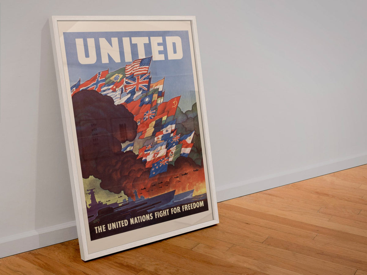 United — The United Nations Fight for Freedom poster in a white frame leaning against a wall
