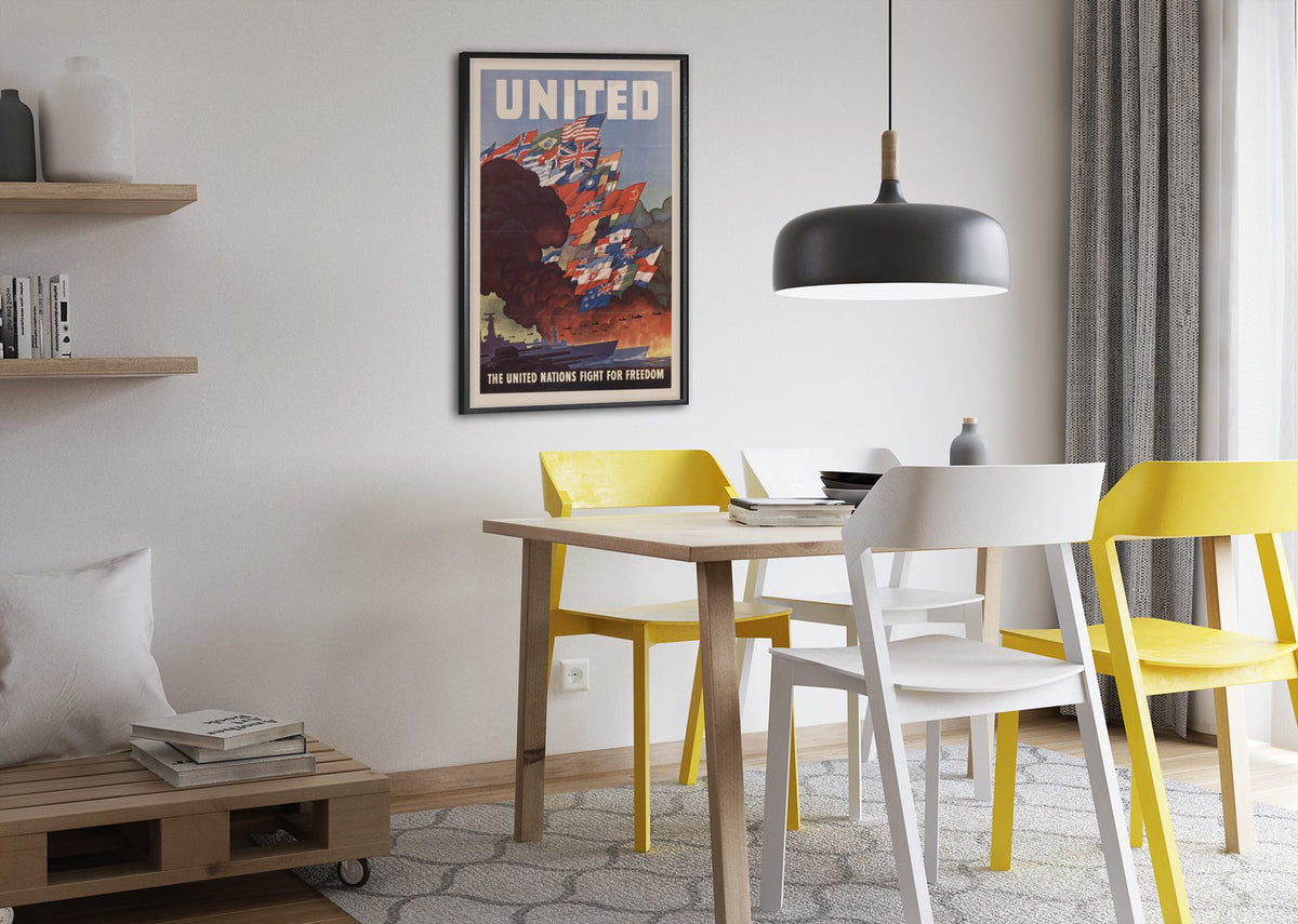 United — The United Nations Fight for Freedom poster framed above a dining table