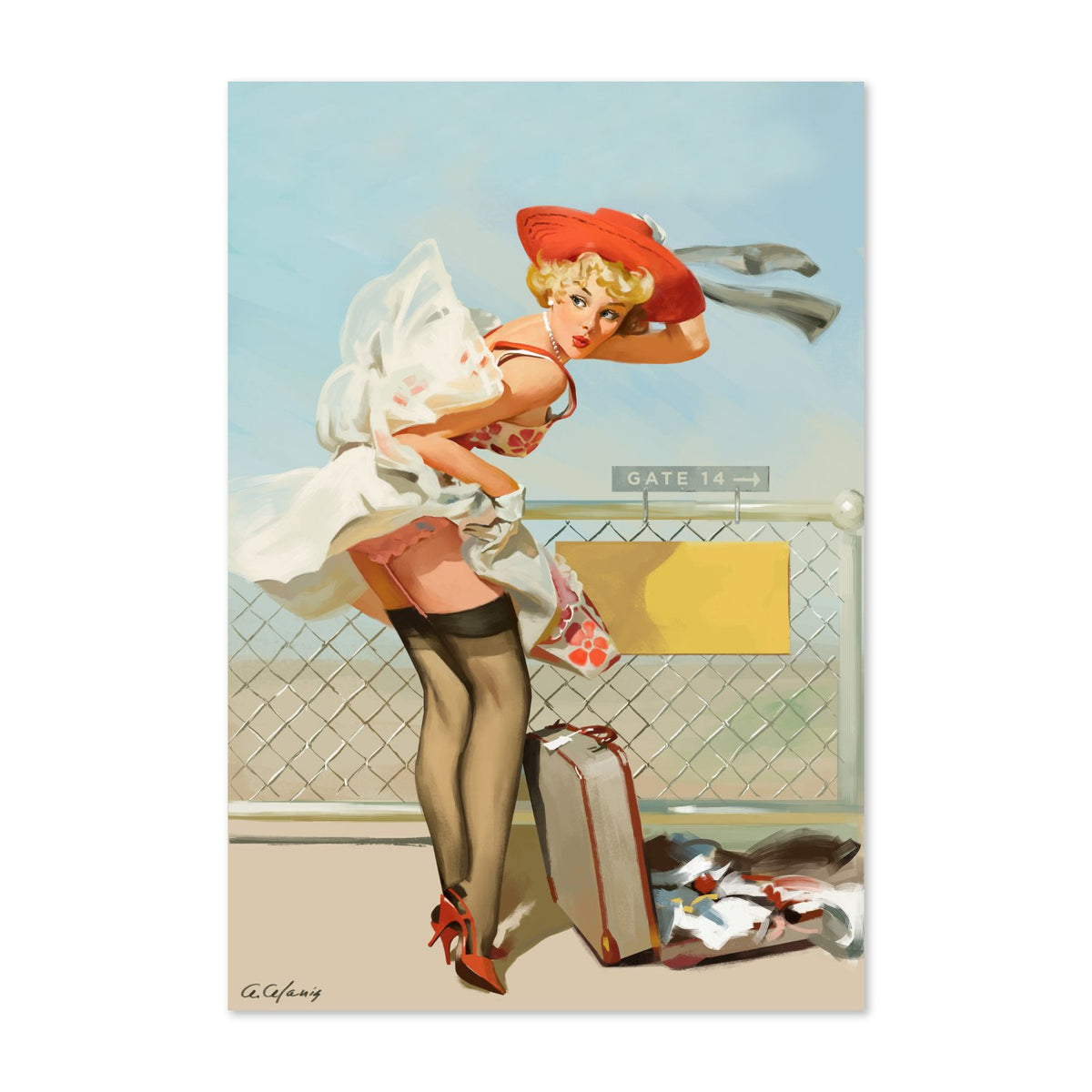 Up in the Air by Gil Elvgren, pin-up poster — framed print