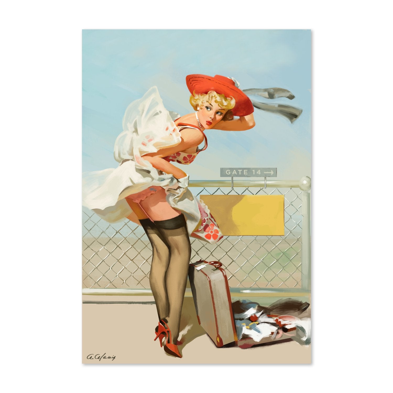 Up in the Air by Gil Elvgren, pin-up poster — framed print