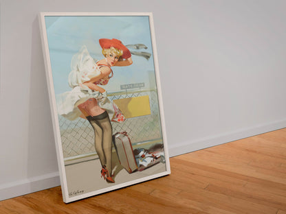 Up in the Air by Gil Elvgren, pin-up poster — leaning frame