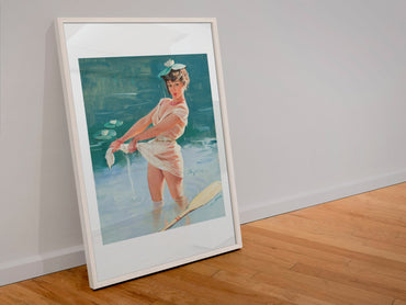 Upsetting Upset by Gil Elvgren, pin-up poster — leaning frame
