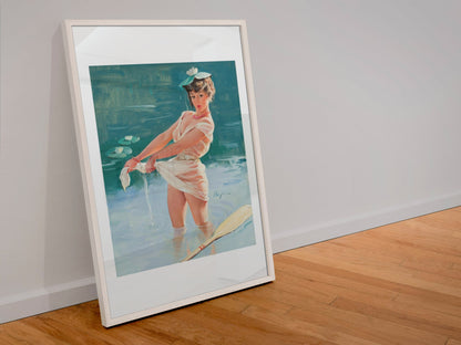 Upsetting Upset by Gil Elvgren, pin-up poster — leaning frame