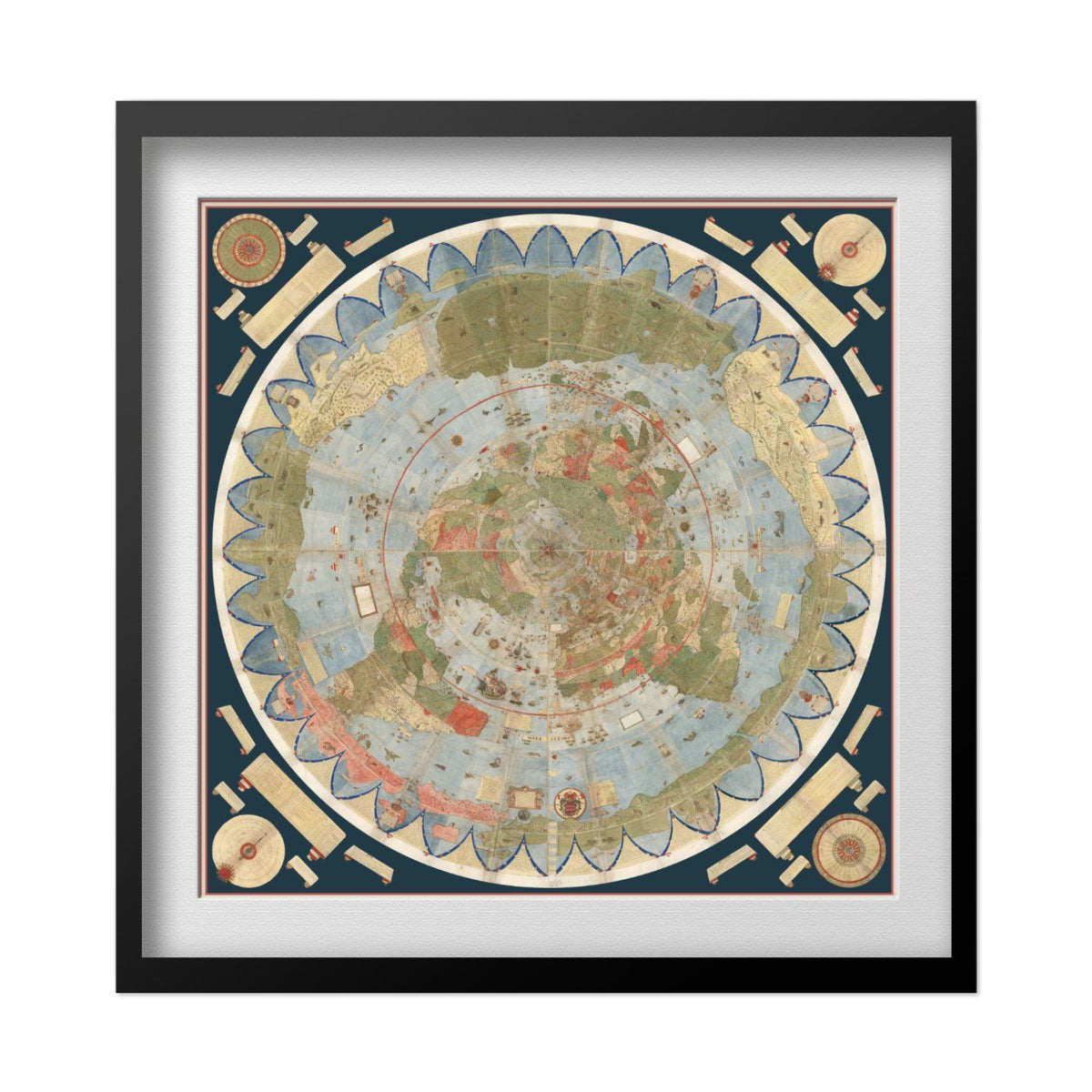 Urbano Monte World Map 1587 print in a black frame with a white mat
