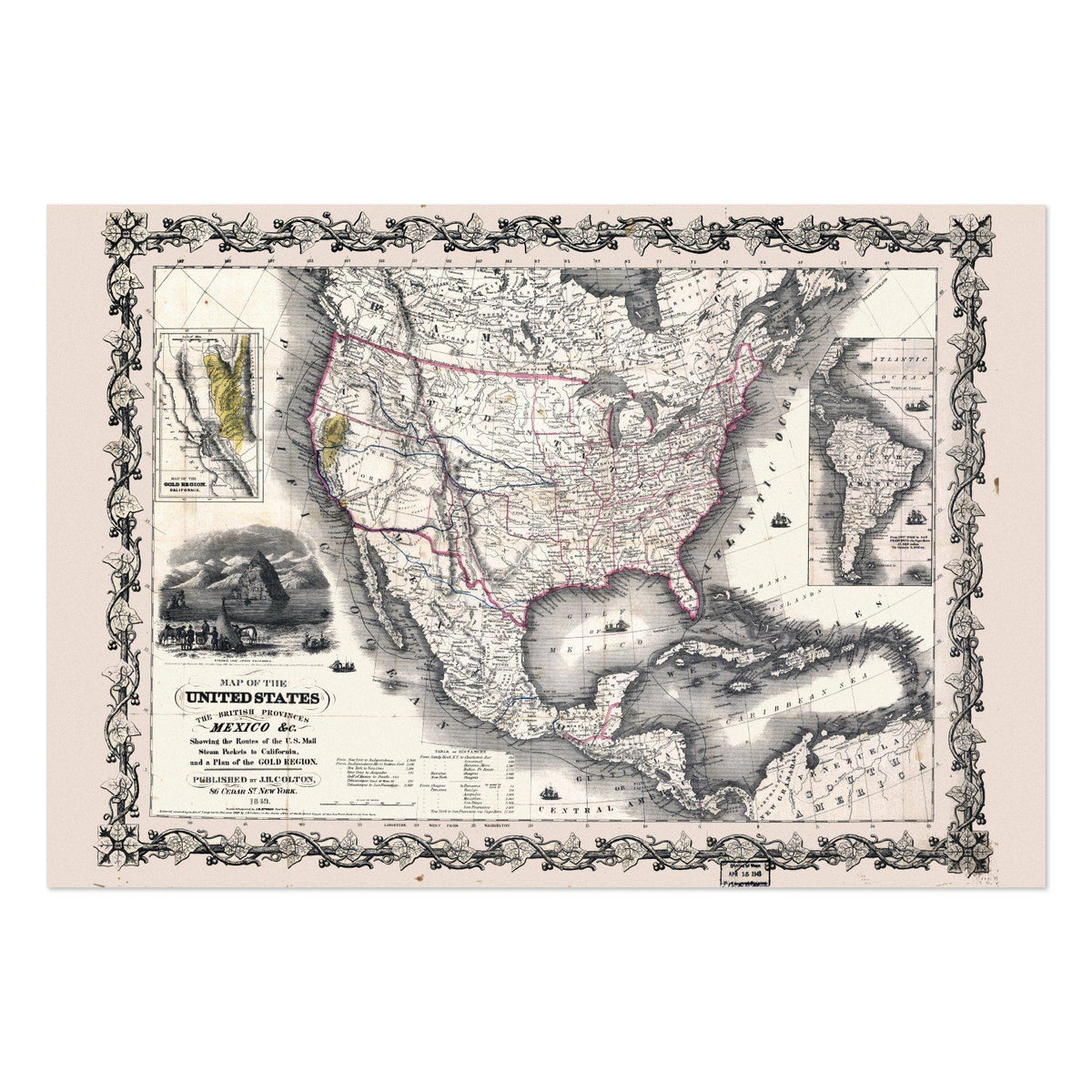 US, British Provinces & Mexico 1840s Map vintage print