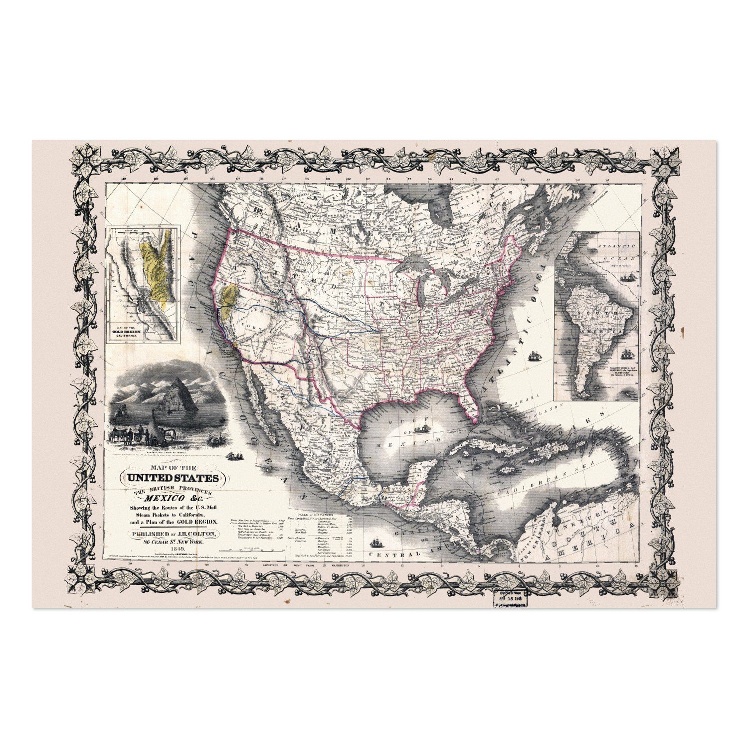 US, British Provinces & Mexico 1840s Map vintage print