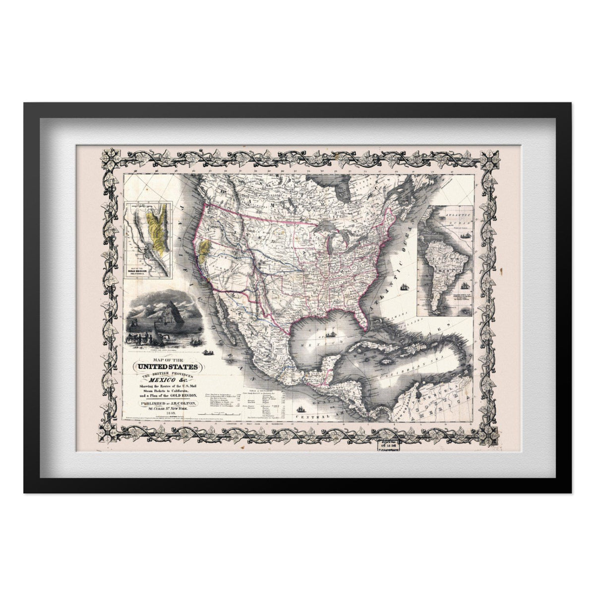 US, British Provinces & Mexico 1840s Map print in a black frame with a white mat