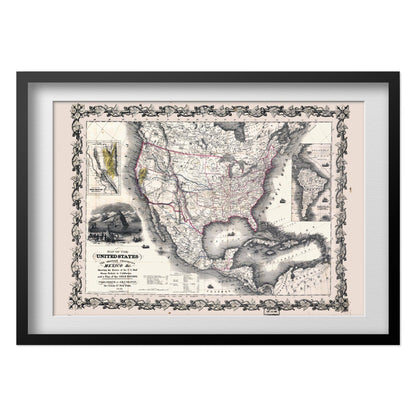 US, British Provinces & Mexico 1840s Map print in a black frame with a white mat