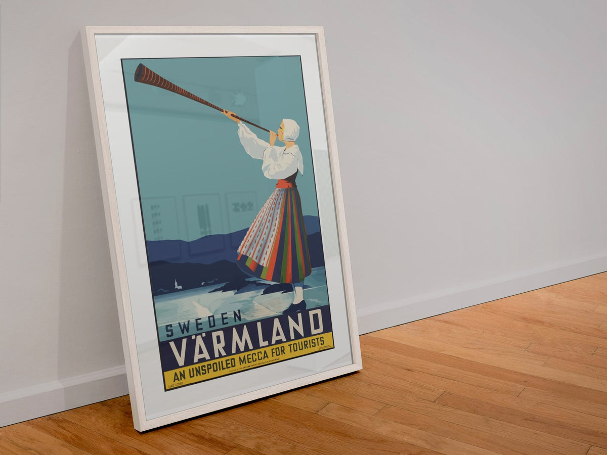 Varmland Sweden poster in a white frame leaning against a wall